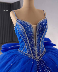 Blue Sparkly Beaded Wedding Gowns Spaghetti Strap Bow Quince Dress 241087