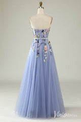 Blue Sweetheart Neck Floral Prom Dresses Strapless Lace Applique Formal Gown AD1101