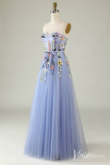Blue Sweetheart Neck Floral Prom Dresses Strapless Lace Applique Formal Gown AD1101