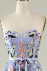 Blue Sweetheart Neck Floral Prom Dresses Strapless Lace Applique Formal Gown AD1101