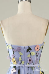 Blue Sweetheart Neck Floral Prom Dresses Strapless Lace Applique Formal Gown AD1101