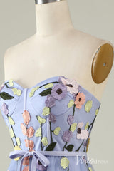 Blue Sweetheart Neck Floral Prom Dresses Strapless Lace Applique Formal Gown AD1101