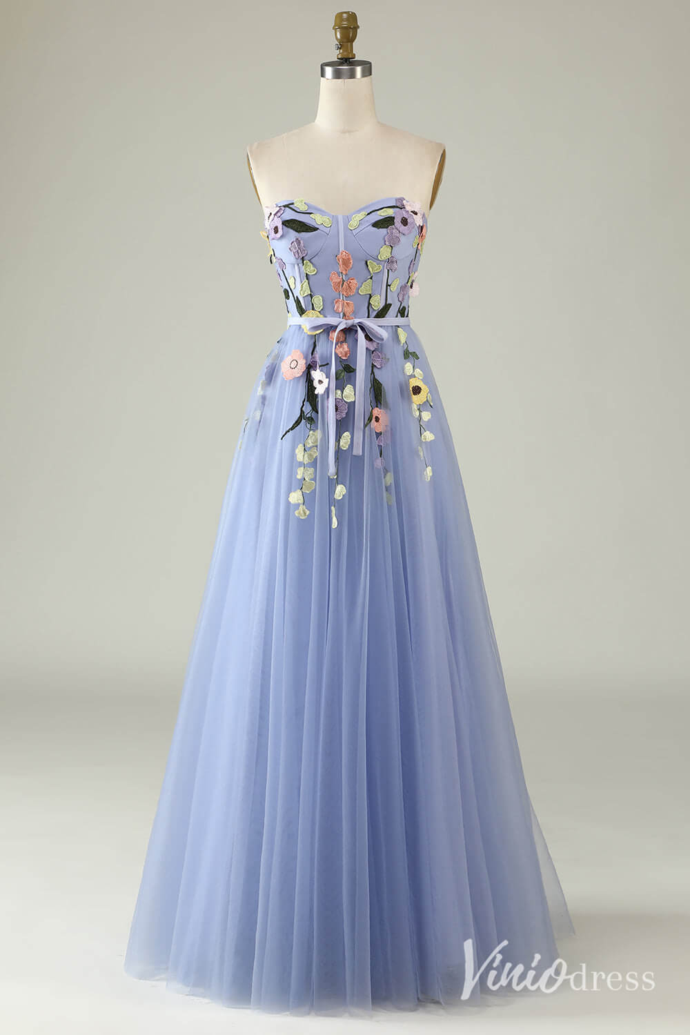 Blue Sweetheart Neck Floral Prom Dresses Strapless Lace Applique Formal Gown AD1101