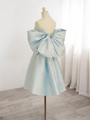 Robe de bal courte en satin de cou en cœur bleu, robe de retour bleu