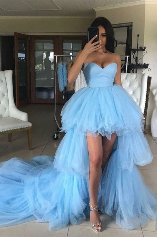 Sweetheart Tulle Hi-Lo Prom Dress Blue Sleeveless Evening Dress