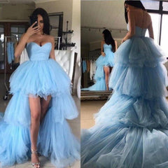 Sweetheart Tulle Hi-Lo Prom Dress Blue Sleeveless Evening Dress