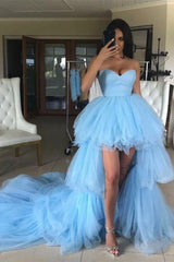 Sweetheart Tulle Hi-Lo Prom Dress Blue Sleeveless Evening Dress