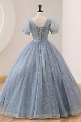 Blue Tulle Long A-Line Prom Dress, V-Neck Short Sleeve Evening Dress