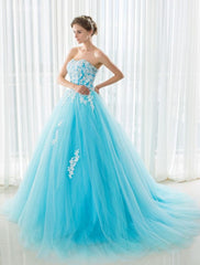 Blue Wedding Dress Lace Applique Tulle Court Train Strapless Sweetheart Lace-Up A-Line Bridal Gown