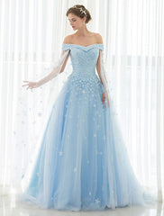 Blue Wedding Dress Lace Flower Applique Off-The-Shoulder Tulle Cape Chaple Train A-Line Bridal Gown