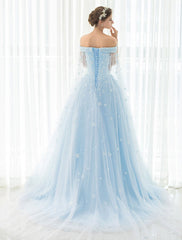 Blue Wedding Dress Lace Flower Applique Off-The-Shoulder Tulle Cape Chaple Train A-Line Bridal Gown