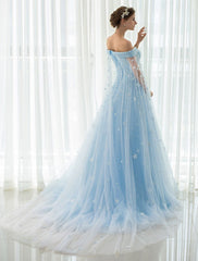 Blue Wedding Dress Lace Flower Applique Off-The-Shoulder Tulle Cape Chaple Train A-Line Bridal Gown