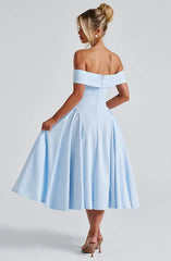 A-Line Off-the-Shoulder Bardot neckline with pleat detail Midi length Prom Dress ﻿