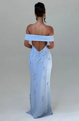 A-Line Off-the-Shoulder 3D floral appliques Thigh high split Front fork Formal Prom Dress