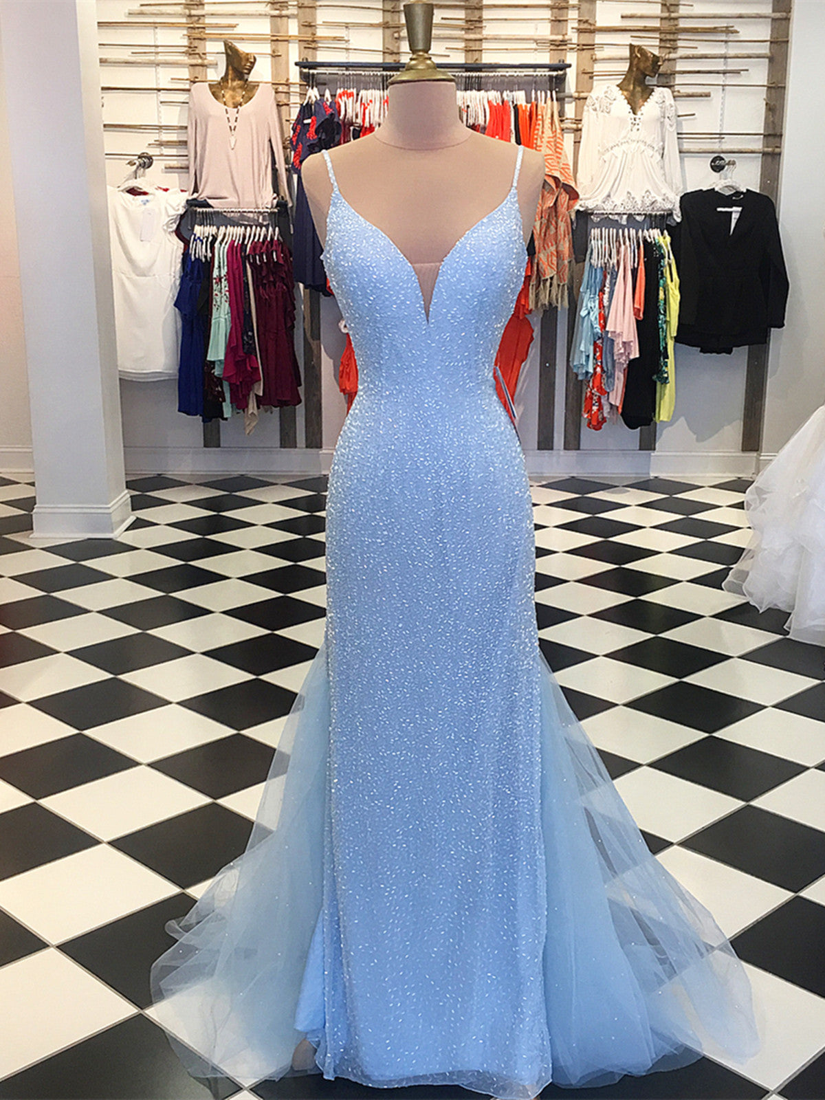 Custom Made Blue V Neck Mermaid Prom Dresses, Mermaid Formal Dresses, Blue Evening Dresses