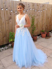 Custom Made A Line V Neck Backless Blue Lace Prom Dresses, Blue Lace Formal Dresses, Lace Bridesmaid Dresses