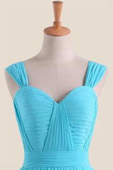 Blue Chiffon Pleated A-line Long Bridesmaid Dress