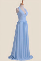 Halter Light Blue Chiffon A-line Long Bridesmaid Dress