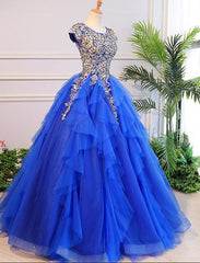 Royal Blue Cap Sleeves Long Ball Gown Party Dress, Blue Prom Dress