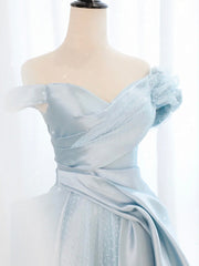 A-Line Blue Satin Tulle Long Prom Dress, Blue Tulle Long Evening Dresses