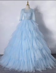 Light Blue Layers Tulle with Lace Princess Gown, Short Sleeves Ball Gown Sweet 16 Dress
