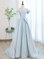 A-Line Blue Satin Tulle Long Prom Dress, Blue Tulle Long Evening Dresses