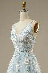 A-line Light Blue Tulle Prom Dress