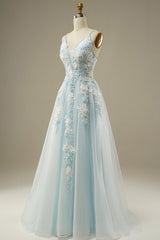 A-line Light Blue Tulle Prom Dress