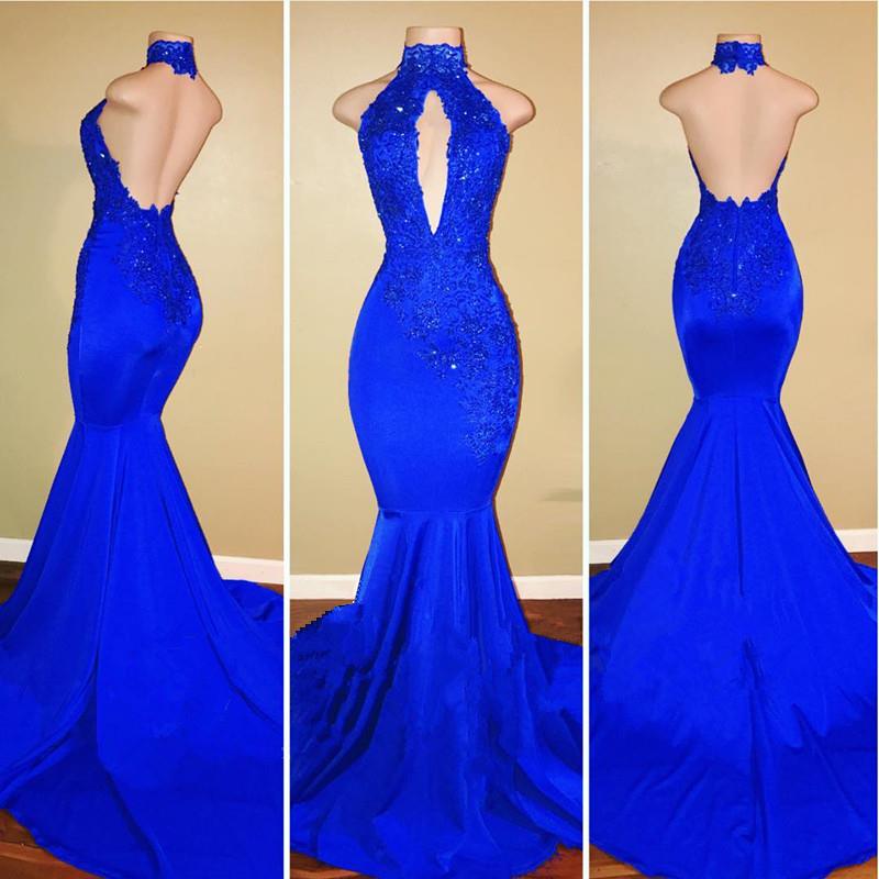 Halter Backless Mermaid Royal Blue Prom Dresses