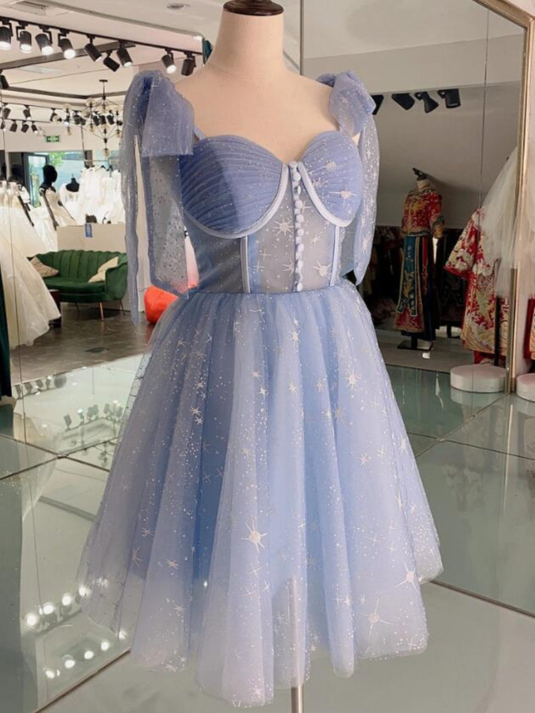 Blue Short Prom Dresses, Shiny Blue Formal Homecoming Dresses