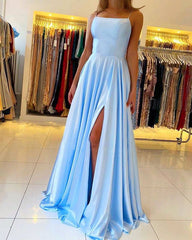 A Line Satin Blush Pink Prom Dresses Cross Back Split Side