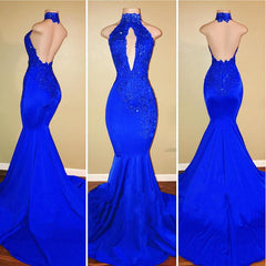 Halter Backless Mermaid Royal Blue Prom Dresses