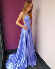Simple Satin Long Blue Prom Dresses Split with Pockets Cross Back