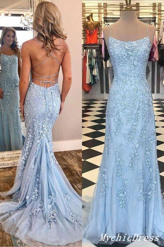 Long Blue Lace Prom Dresses 2024 Mermaid Cross Back Evening Gown