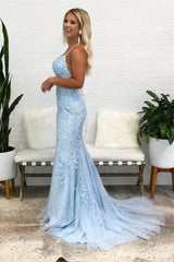 Long Blue Lace Prom Dresses 2024 Mermaid Cross Back Evening Gown
