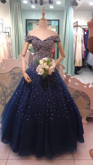 Sparkle Sequins Off Shoulder Tulle Long Prom Dress, Beautiful Sweet 16 Gown