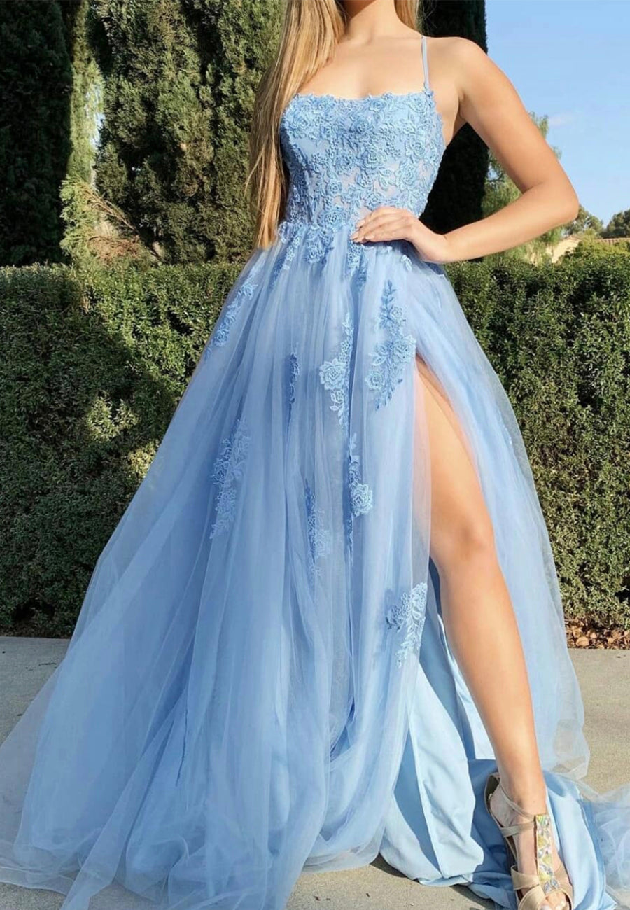 Blue Spaghetti Lace Long Prom Dresses, A-Line Evening Dresses