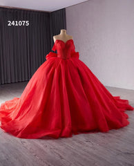 Blush Off the Shoulder Bow Wedding Gowns Lace Beaded Quinceanera Dress 241075
