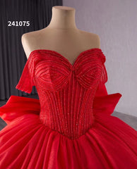 Blush Off the Shoulder Bow Wedding Gowns Lace Beaded Quinceanera Dress 241075