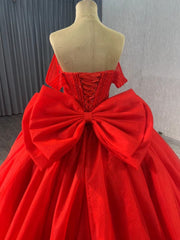 Blush Off the Shoulder Bow Wedding Gowns Lace Beaded Quinceanera Dress 241075