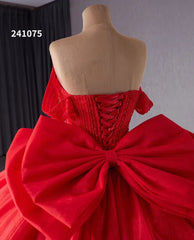 Blush Off the Shoulder Bow Wedding Gowns Lace Beaded Quinceanera Dress 241075