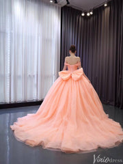 Blush Off the Shoulder Bow Wedding Gowns Lace Beaded Quinceanera Dress 241075
