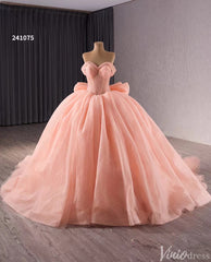 Blush Off the Shoulder Bow Wedding Gowns Lace Beaded Quinceanera Dress 241075