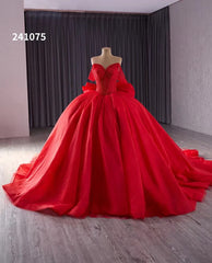 Blush Off the Shoulder Bow Wedding Gowns Lace Beaded Quinceanera Dress 241075