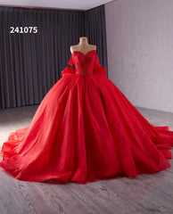 Blush Off the Shoulder Bow Wedding Gowns Lace Beaded Quinceanera Dress 241075