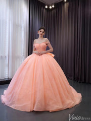 Blush Off the Shoulder Bow Wedding Gowns Lace Beaded Quinceanera Dress 241075