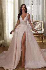 Aline Sleeveless Front Split Wedding Dress V-neck Sequins Bridal Dress