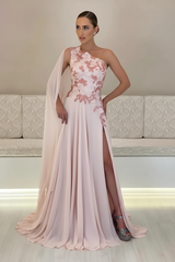 One-Shoulder Sleeveless Chiffon Evening Dresses Long with Side Slit