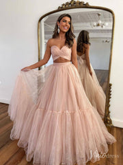 Blush Pink Organza Two Piece Prom Dresses Removable Puffed Sleeve Crossed Bodice FD4091