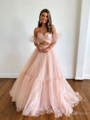 Blush Pink Organza Two Piece Prom Dresses Removable Puffed Sleeve Crossed Bodice FD4091